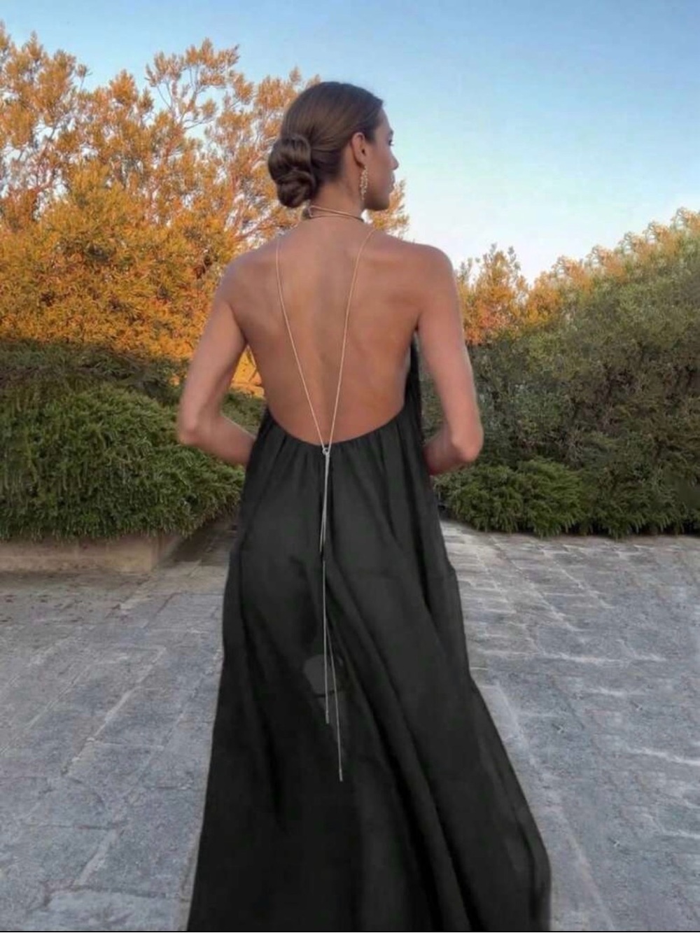 Elegant Black Chiffon Halter Deep V Open Back Flowy Maxi Dress – Size Small - Picture 3 of 4
